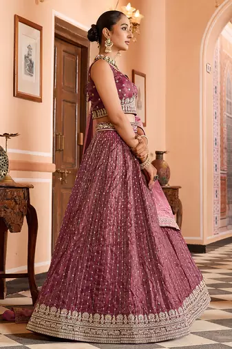 Rosegold Tissue Silk Fabric Sequins embroidery Semi Stitched Lehenga & Unstitched Blouse With Dupatta