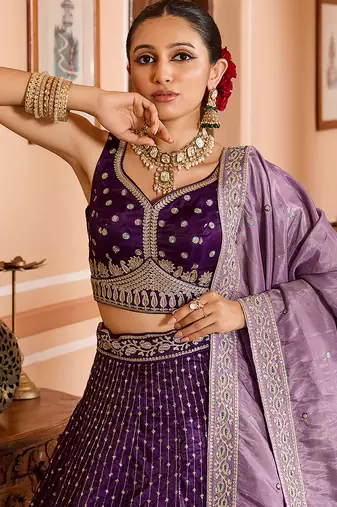 Purple Tissue Silk Fabric Sequins embroidery Semi Stitched Lehenga & Unstitched Blouse With Dupatta