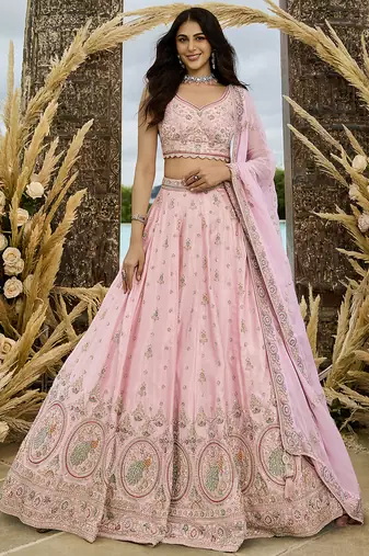 Pink Silk Fabric Beads & Sequince Embroidered Semi Stitched Lehenga Choli & Dupatta