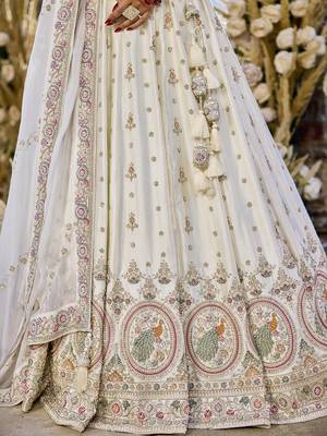Cream Silk Fabric Beads & Sequince Embroidered Semi Stitched Lehenga Choli & Dupatta 3