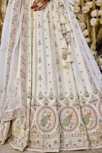 Cream Silk Fabric Beads & Sequince Embroidered Semi Stitched Lehenga Choli & Dupatta