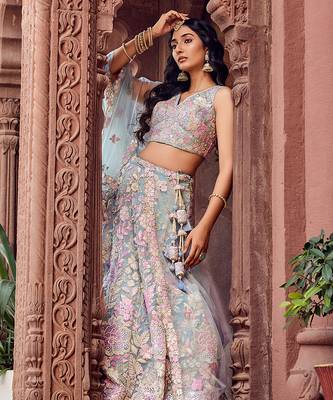 TURQUOISEBLUE Net Fabric Sequins embroidery Semi Stitched Lehenga & Unstitched Blouse With Dupatta 2