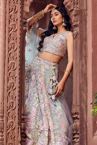 TURQUOISEBLUE Net Fabric Sequins embroidery Semi Stitched Lehenga & Unstitched Blouse With Dupatta