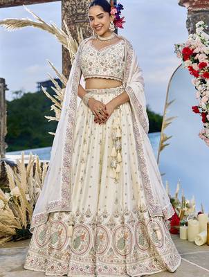 Cream Silk Fabric Beads & Sequince Embroidered Semi Stitched Lehenga Choli & Dupatta 1