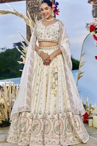 Cream Silk Fabric Beads & Sequince Embroidered Semi Stitched Lehenga Choli & Dupatta