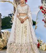 Cream Silk Fabric Beads & Sequince Embroidered Semi Stitched Lehenga Choli & Dupatta