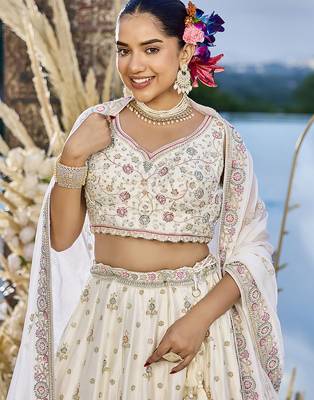Cream Silk Fabric Beads & Sequince Embroidered Semi Stitched Lehenga Choli & Dupatta 4