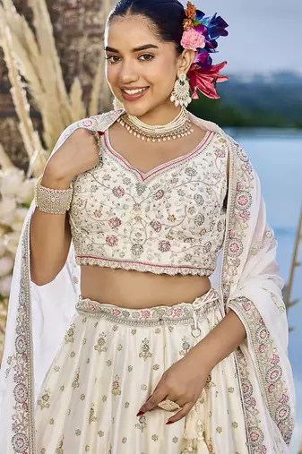 Cream Silk Fabric Beads & Sequince Embroidered Semi Stitched Lehenga Choli & Dupatta