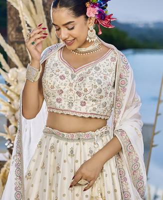 Cream Silk Fabric Beads & Sequince Embroidered Semi Stitched Lehenga Choli & Dupatta 5