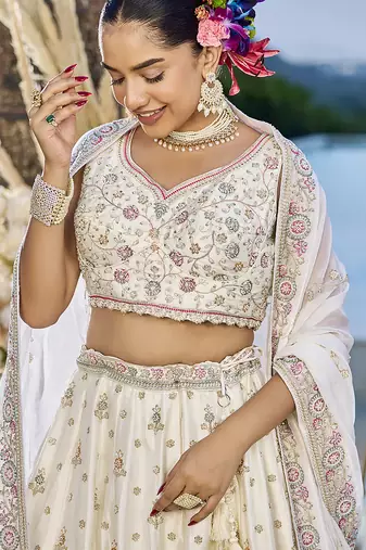 Cream Silk Fabric Beads & Sequince Embroidered Semi Stitched Lehenga Choli & Dupatta