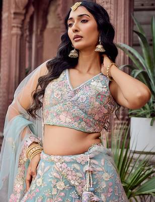 TURQUOISEBLUE Net Fabric Sequins embroidery Semi Stitched Lehenga & Unstitched Blouse With Dupatta 4