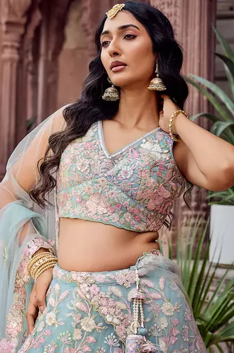 TURQUOISEBLUE Net Fabric Sequins embroidery Semi Stitched Lehenga & Unstitched Blouse With Dupatta