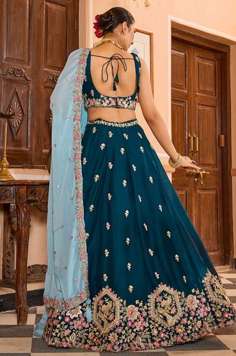 Teal Georgette Fabric Sequins embroidery Semi Stitched Lehenga & Unstitched Blouse With Dupatta