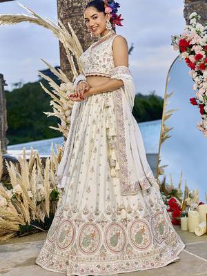 Cream Silk Fabric Beads & Sequince Embroidered Semi Stitched Lehenga Choli & Dupatta 6