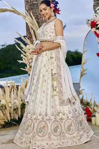 Cream Silk Fabric Beads & Sequince Embroidered Semi Stitched Lehenga Choli & Dupatta