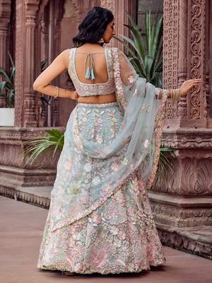TURQUOISEBLUE Net Fabric Sequins embroidery Semi Stitched Lehenga & Unstitched Blouse With Dupatta 5