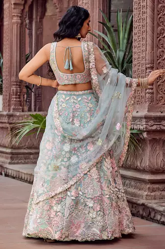 TURQUOISEBLUE Net Fabric Sequins embroidery Semi Stitched Lehenga & Unstitched Blouse With Dupatta
