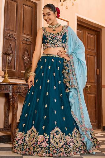 Teal Georgette Fabric Sequins embroidery Semi Stitched Lehenga & Unstitched Blouse With Dupatta