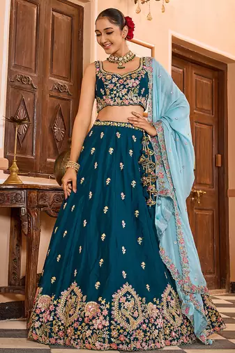Teal Georgette Fabric Sequins embroidery Semi Stitched Lehenga & Unstitched Blouse With Dupatta