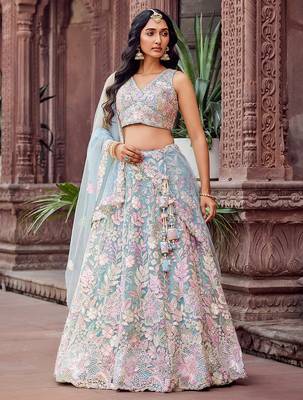 TURQUOISEBLUE Net Fabric Sequins embroidery Semi Stitched Lehenga & Unstitched Blouse With Dupatta 1