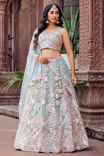 TURQUOISEBLUE Net Fabric Sequins embroidery Semi Stitched Lehenga & Unstitched Blouse With Dupatta