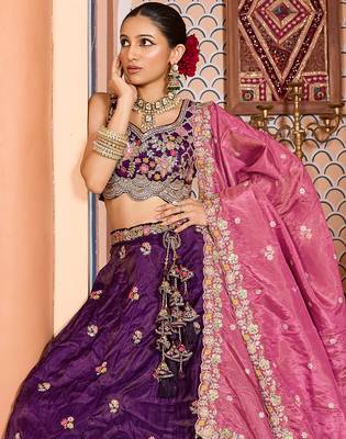 Purple Tissue Fabric Sequins embroidery Semi Stitched Lehenga & Unstitched Blouse With Dupatta 7