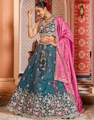 Teal Tissue Fabric Sequins embroidery Semi Stitched Lehenga & Unstitched Blouse With Dupatta 6