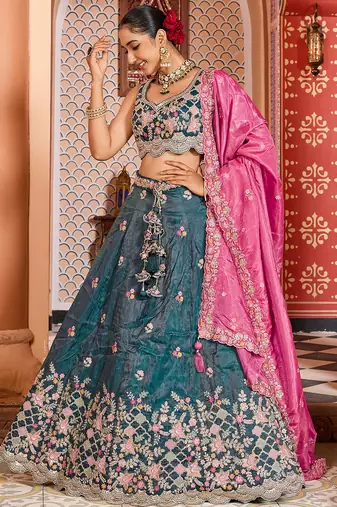Teal Tissue Fabric Sequins embroidery Semi Stitched Lehenga & Unstitched Blouse With Dupatta