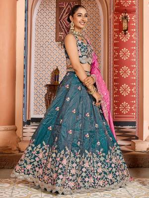 Teal Tissue Fabric Sequins embroidery Semi Stitched Lehenga & Unstitched Blouse With Dupatta 7