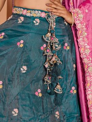 Teal Tissue Fabric Sequins embroidery Semi Stitched Lehenga & Unstitched Blouse With Dupatta 8