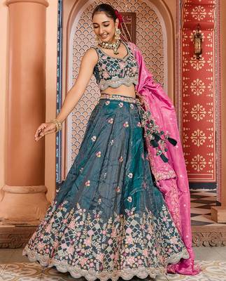 Teal Tissue Fabric Sequins embroidery Semi Stitched Lehenga & Unstitched Blouse With Dupatta 9