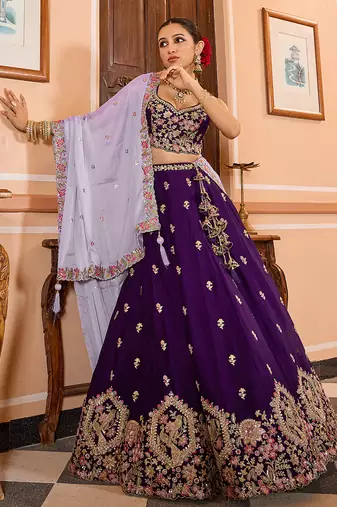 Purple Georgette Fabric Sequins embroidery Semi Stitched Lehenga & Unstitched Blouse With Dupatta