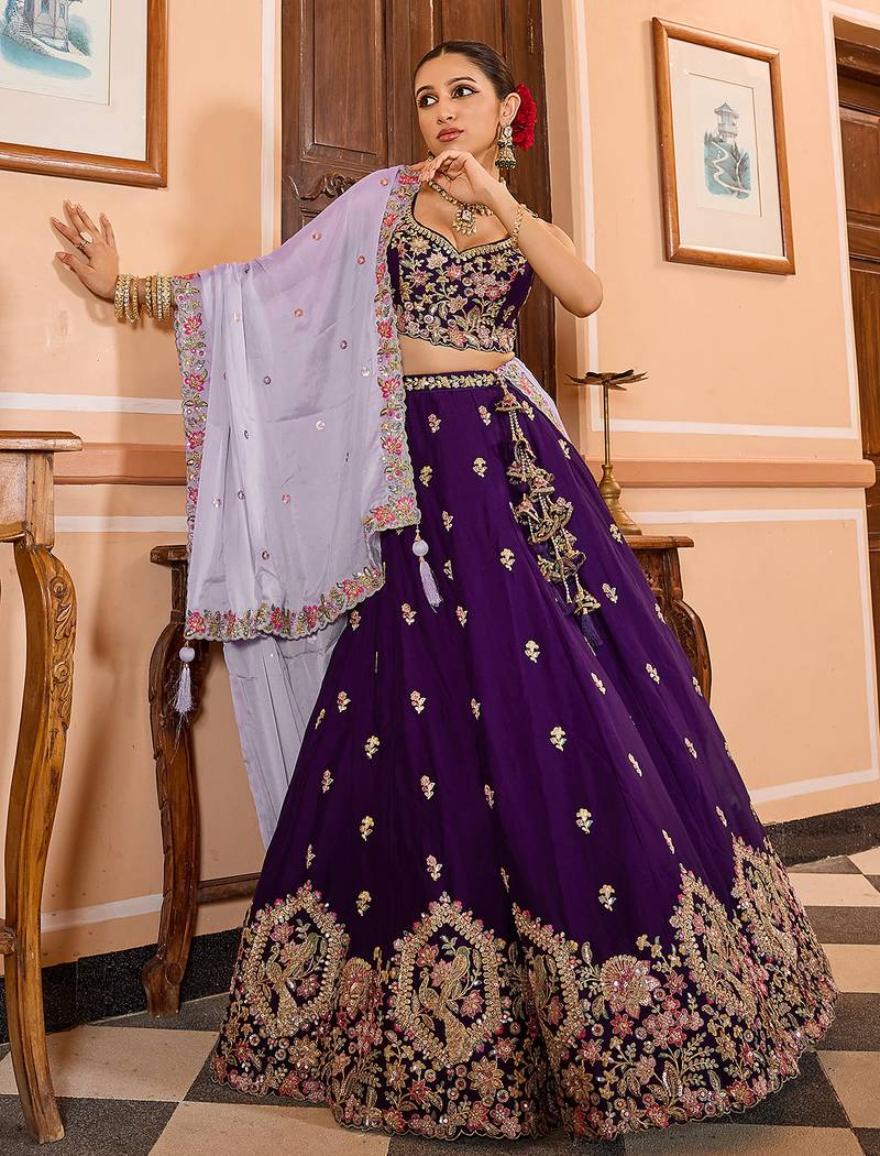 Purple Georgette Fabric Sequins embroidery Semi Stitched Lehenga & Unstitched Blouse With Dupatta