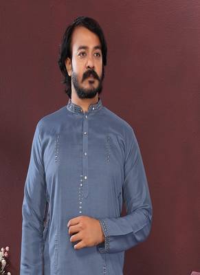 Blue embroidered silk kurta set for men 2