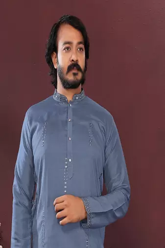 Blue embroidered silk kurta set for men