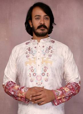 White cotton mens kurta with embroidery print indian 2
