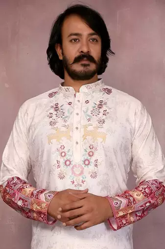 White cotton mens kurta with embroidery print indian