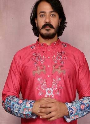 Red cotton mens kurta with embroidery print indian 2