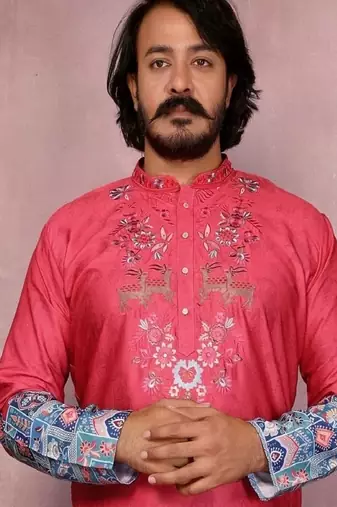 Red cotton mens kurta with embroidery print indian