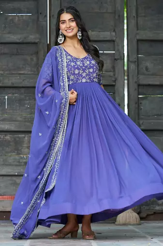 Lavender faux georgette sequins multithreaded beads embroidered flared gown with heavy dupatta