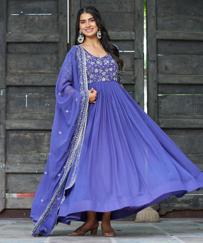 Lavender faux georgette sequins multithreaded beads embroidered flared gown with heavy dupatta