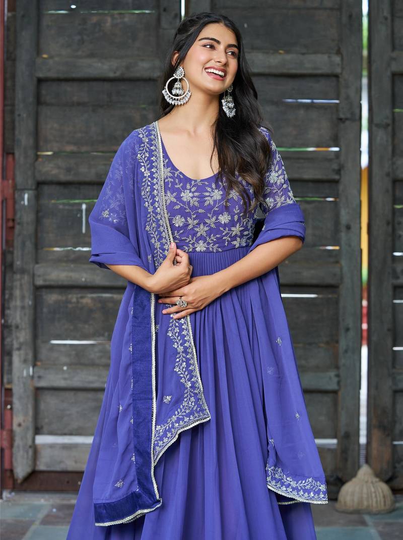 Lavender faux georgette sequins multithreaded beads embroidered flared gown with heavy dupatta