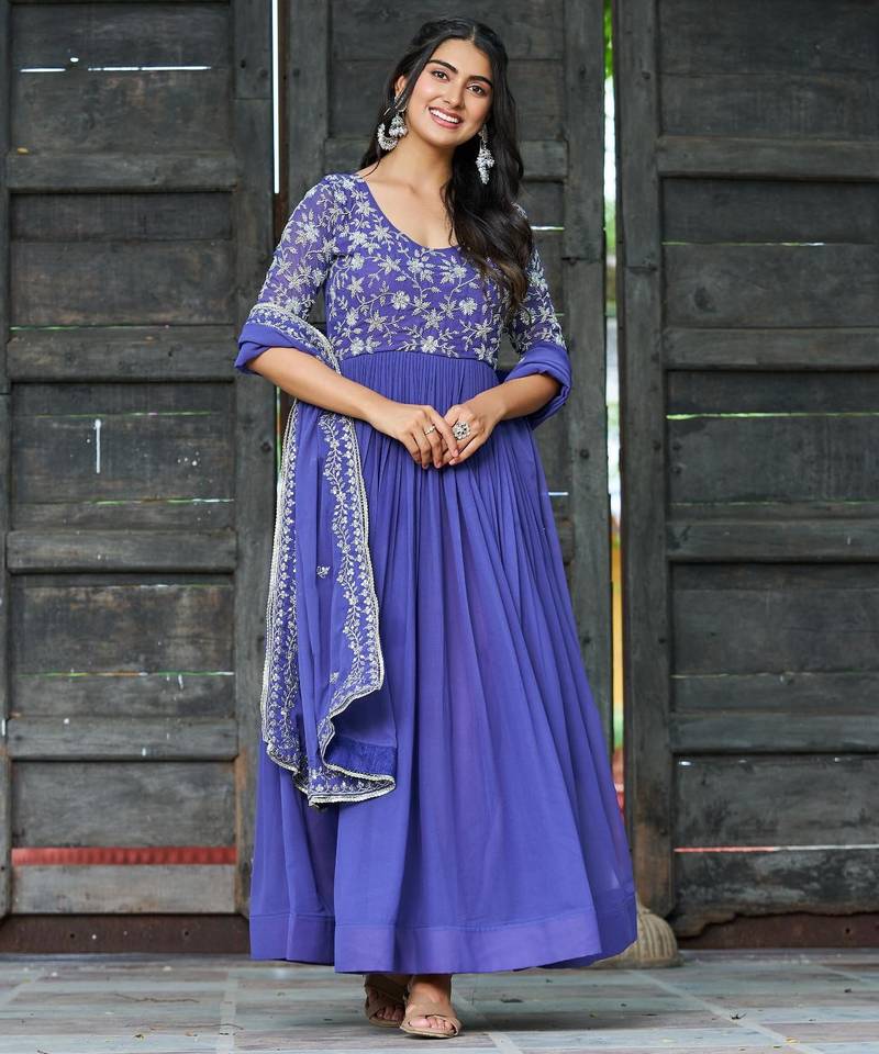 Lavender faux georgette sequins multithreaded beads embroidered flared gown with heavy dupatta