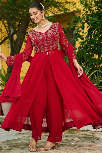 Maroon faux georgette bead embroidered flared gown with pant and heavy dupatta