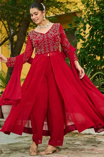 Maroon faux georgette bead embroidered flared gown with pant and heavy dupatta