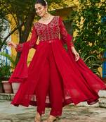 Maroon faux georgette bead embroidered flared gown with pant and heavy dupatta