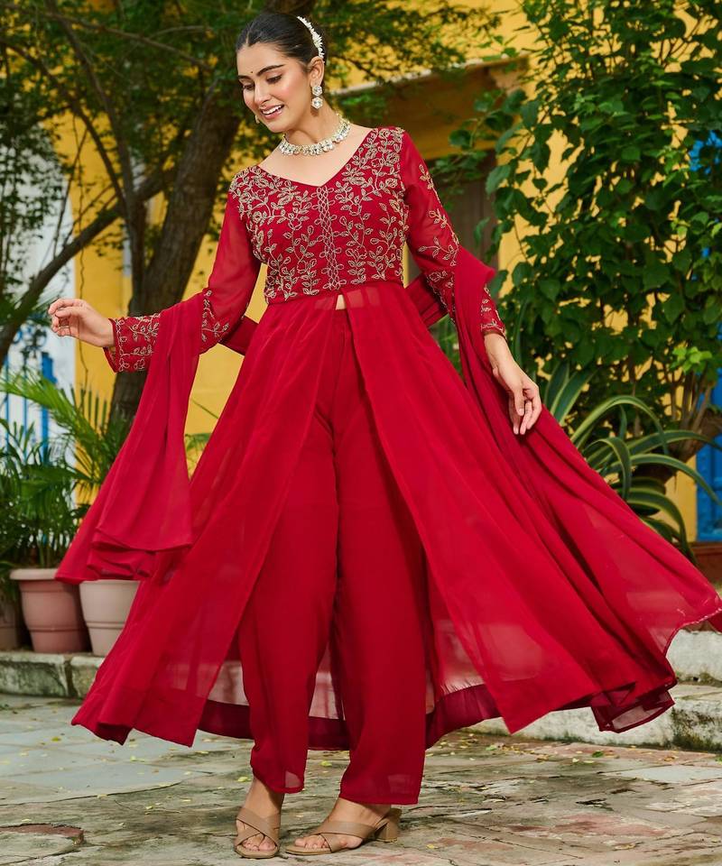 Maroon faux georgette bead embroidered flared gown with pant and heavy dupatta