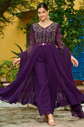 Yellow vichitra silk sequins embroidered flared gown with heavy dupatta