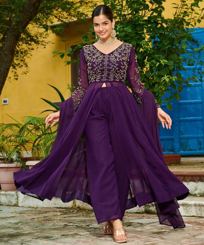 Yellow vichitra silk sequins embroidered flared gown with heavy dupatta