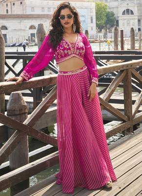 Pink viscose jacquard silk embroidered western Palazzo suit 1